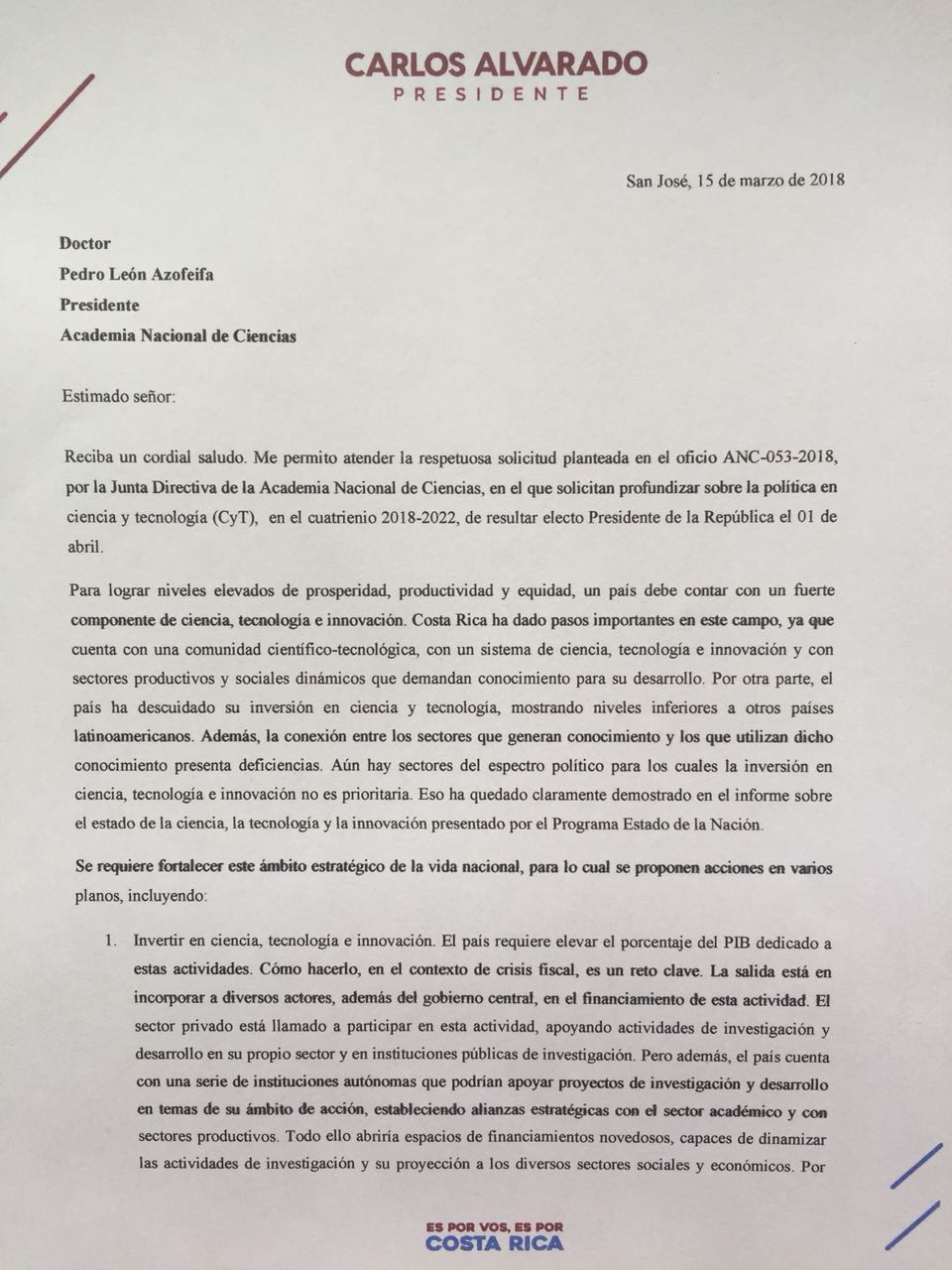 Respuesta por el Sr. Carlos Alvarado al oficio dirigido a los candidatos presidenciales sobre su política en ciencia y tecnología
